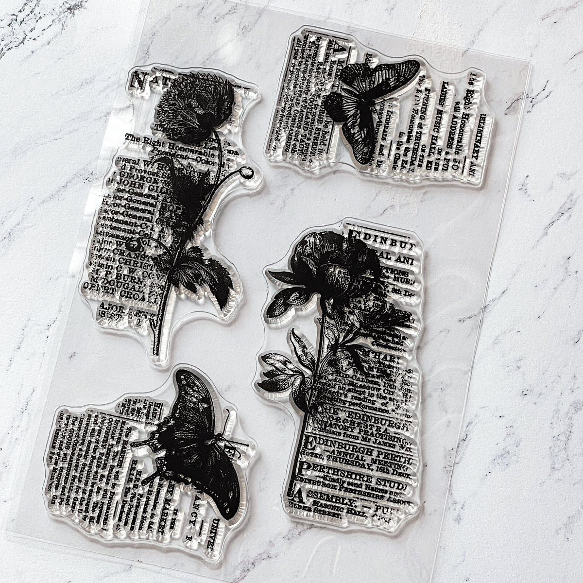 Peonies & Butterflies on Newsprint Ink Stamps pen paper & plans