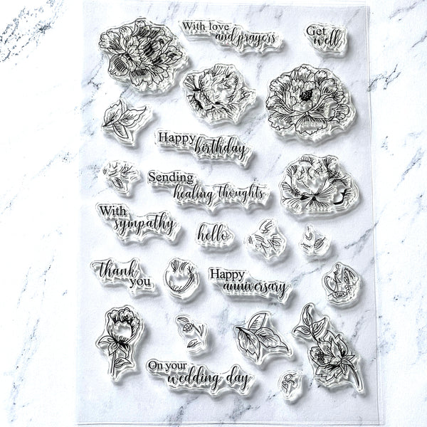 Peonies & Scripts Clear Ink Stamp