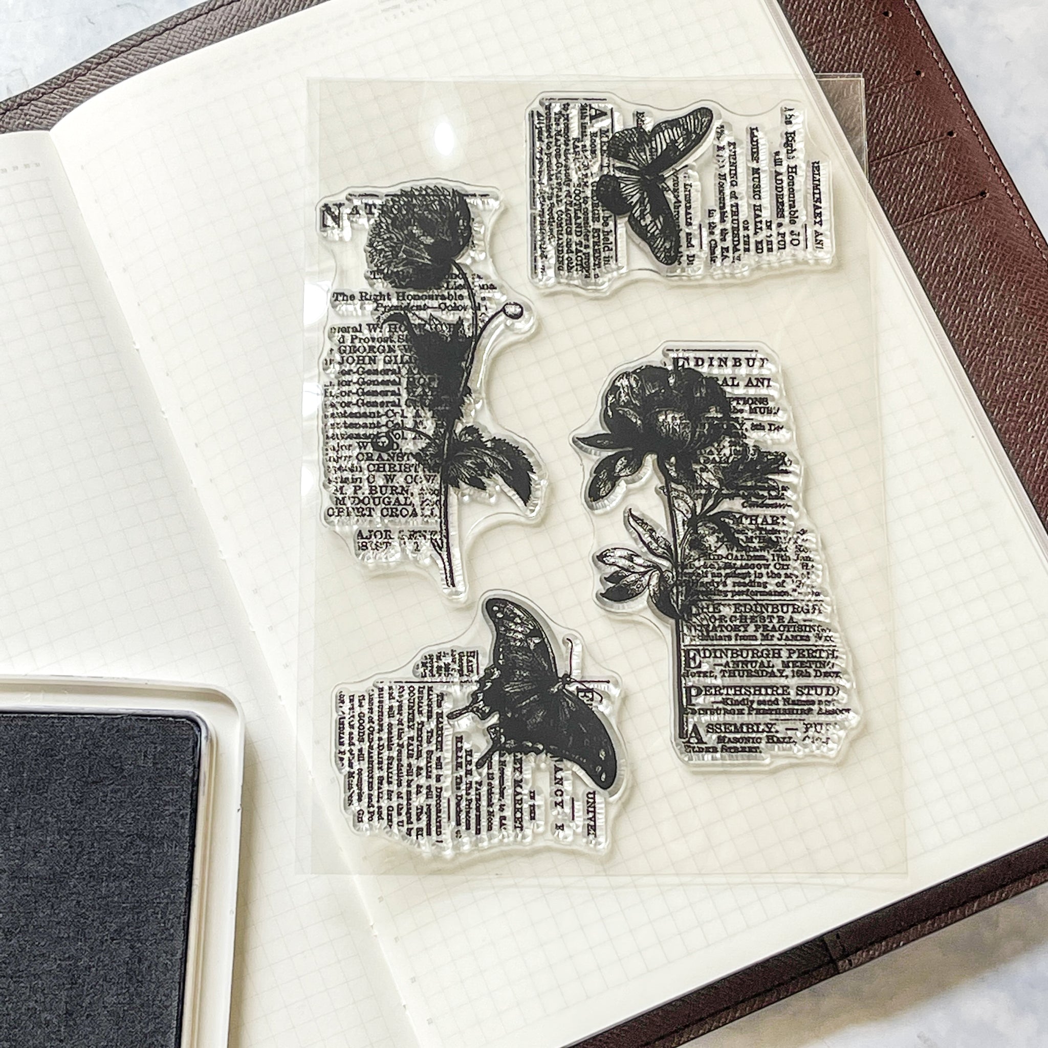 Peonies & Butterflies on Newsprint Ink Stamps