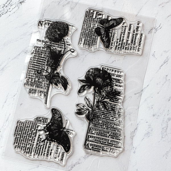 Peonies & Butterflies on Newsprint Ink Stamps